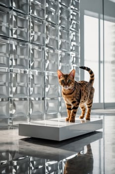 A Bengal cat stands on a sleek platform in a modern, bright interior space. photo