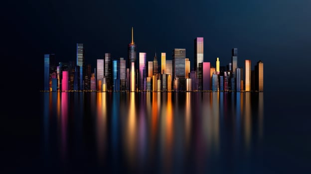 A city skyline with lights reflecting off the water photo