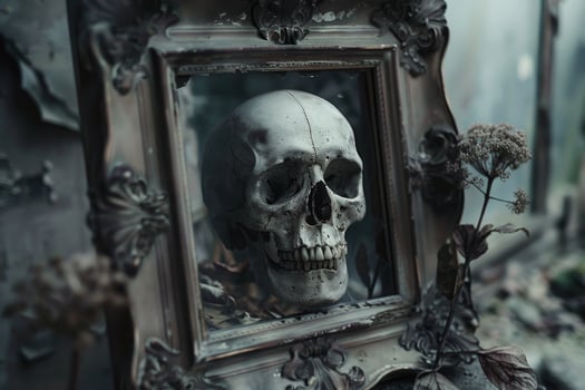 A skull is reflected in a mirror photo