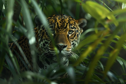 A jaguar is looking at the camera through the leaves photo