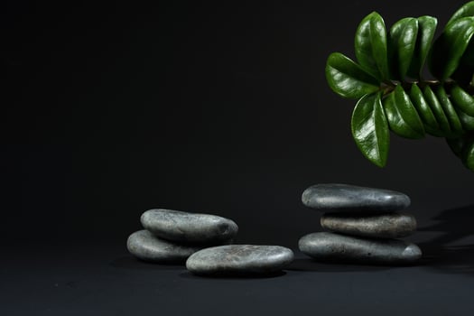 Stacked black stones with green palm leaves on black background photo