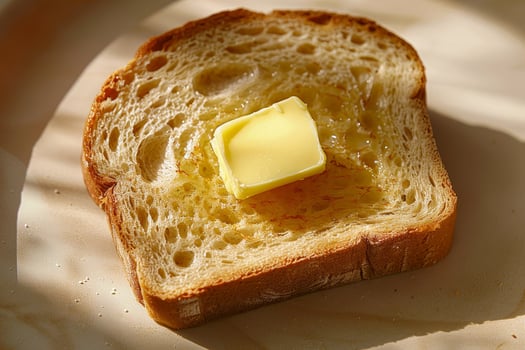 A slice of fresh bread sits on a plate with a square of butter melting on top, illuminated by soft, natural light during breakfast photo