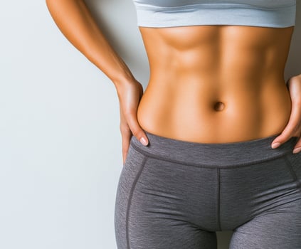 Fitness enthusiast shows toned abdomen against neutral backdrop photo