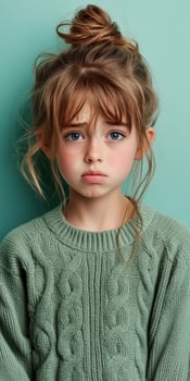 Young girl looking serious against pastel green backdrop photo
