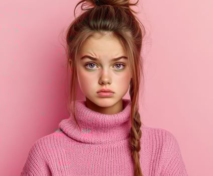 Young girl with a serious expression against a pink background photo