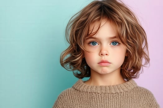 Child with curly hair in a knitted sweater and blue eyes photo