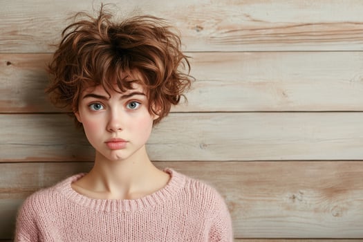 Young person with curly hair poses against wooden backdrop photo