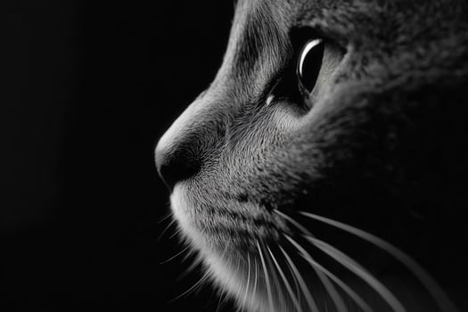 Cat profile with striking features in black and white photo