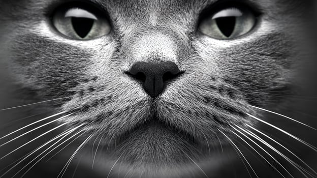 Close-up of a grey cat with striking green eyes photo