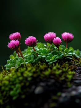 Colorful pink flowers blooming on a moss-covered stone photo