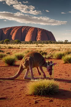 A kangaroo grazes in the foreground of Uluru, showcasing the Australian landscape. photo