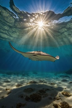 A graceful manta ray glides beneath sunlit waters, showcasing underwater beauty and serenity. photo