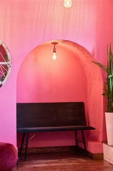 Stylish pink interior corner with a cozy bench and lush plant enhancing the ambiance photo