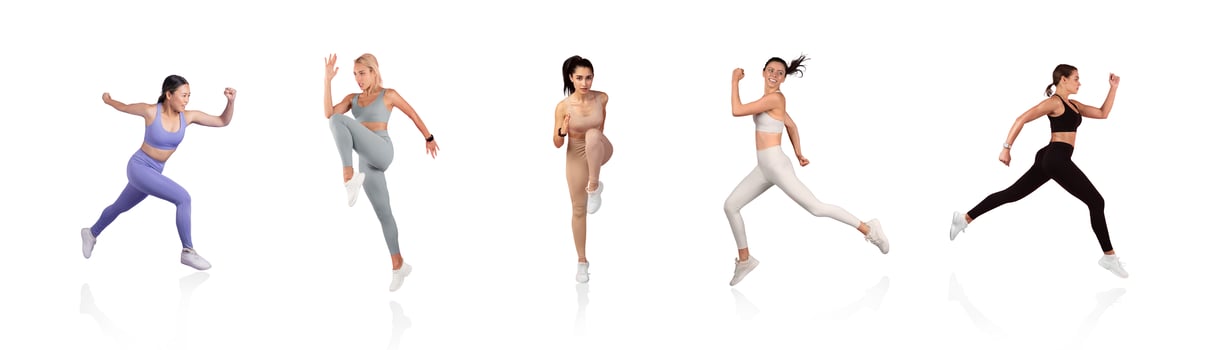 Five women in stylish athletic clothing are engaged in various energetic movements in a bright, spacious indoor setting. Each displays unique workout styles and poses. photo