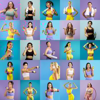 A vibrant display of women showcasing various fitness poses and activities. Each individual holds equipment like dumbbells, water bottles, and headphones, promoting health and wellness. photo
