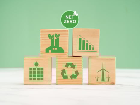 Net-zero emissions in 2050. World Earth day concept. Wooden cubes with eco-friendly icons over a marble floor against a green background photo