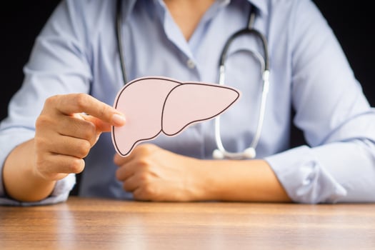 Doctor hand holding a liver shape made from pink paper while sitting in the hospital photo