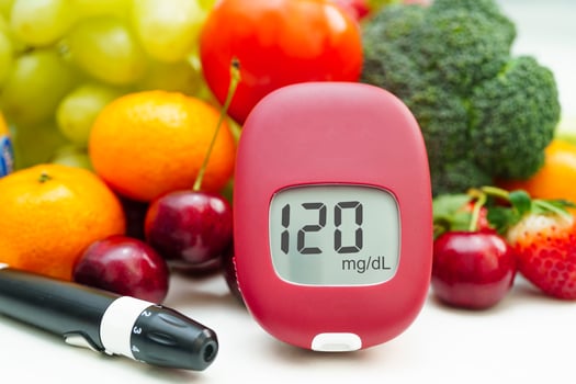 Digital glucose meter food for check sample blood sugar level to treatment diabetes with vegetable and fruit healthy. photo