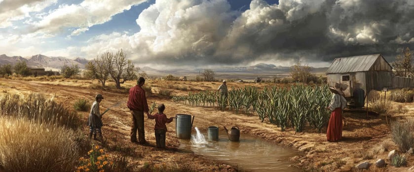 Farmers Working Together in Agriculture Scene Under Dramatic Sky with Clouds and Mountains, Harvesting and Irrigation Activities in Rural Landscape photo