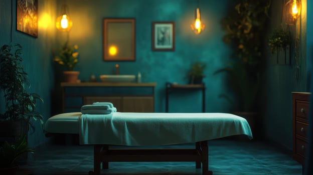 A simple scene of a massage bed with soft lighting and ambient decor photo
