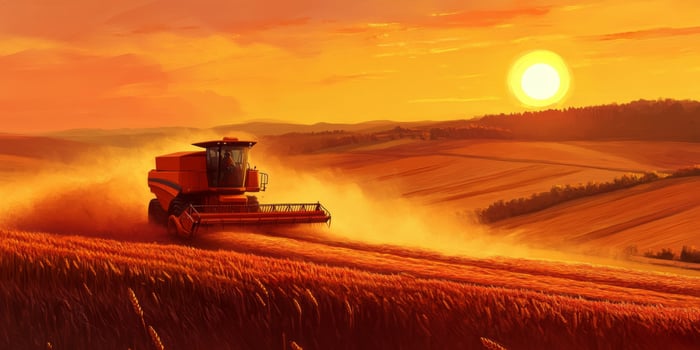 Sunset Harvest Scene with Combine Harvester in Golden Wheat Field, Agricultural Machinery Working Against Warm Horizon, Scenic Farming Landscape photo