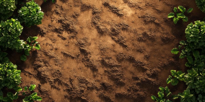 Lush green plants surrounding rich, textured soil creating a natural garden landscape for agricultural, seasonal, or earth-themed projects and designs photo