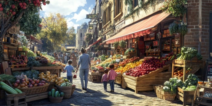 Vibrant Street Market Scene with Colorful Fresh Produce, Children and Adults Enjoying a Sunny Day in a Bustling Farmers Market Environment photo
