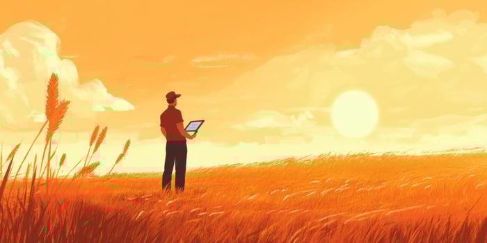 Person Standing in a Golden Field with Laptop under a Sunset Sky, Embracing Nature and Technology, Digital Art Representation of Freedom and Inspiration photo
