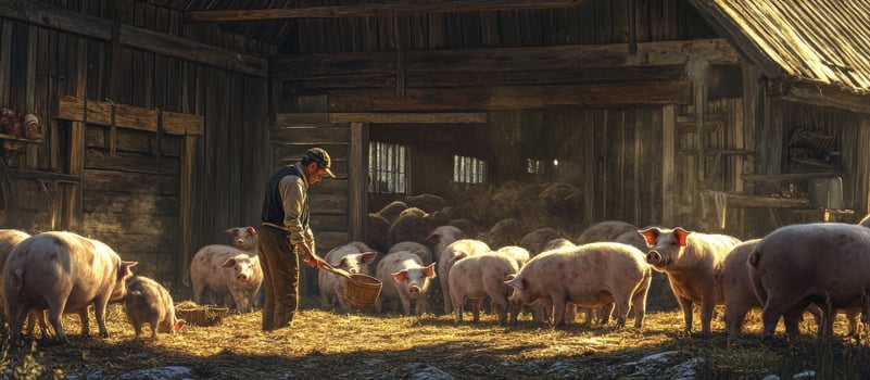 Farming Scene with Farmer Feeding Pigs in Rustic Barn Setting Surrounded by Content Livestock Under Warm Morning Light photo