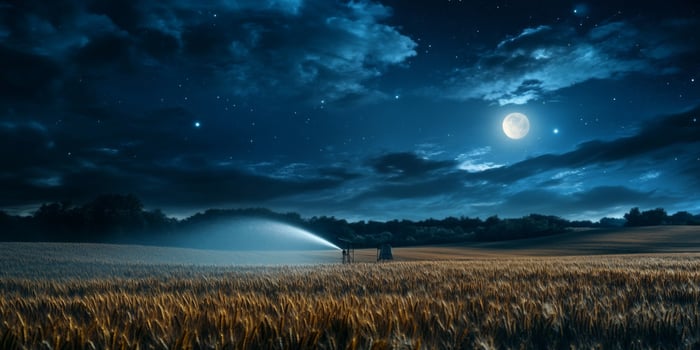 Serene Nightscape Over Golden Wheat Field with Gentle Mist and Moonlit Sky Illuminating Distant Silhouettes of Farmers at Work in Peaceful Countryside photo