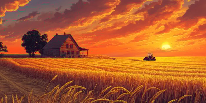 Serene Golden Wheat Field at Sunset with a Charming Farmhouse and Tractor under Dramatic Sky Illuminated by Warm Orange and Yellow Hues of Dusk photo