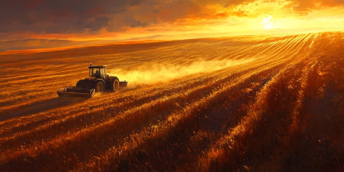 Tractor in Golden Wheat Field During Sunset with Dramatic Sky and Dust Clouds in Agricultural Landscape photo