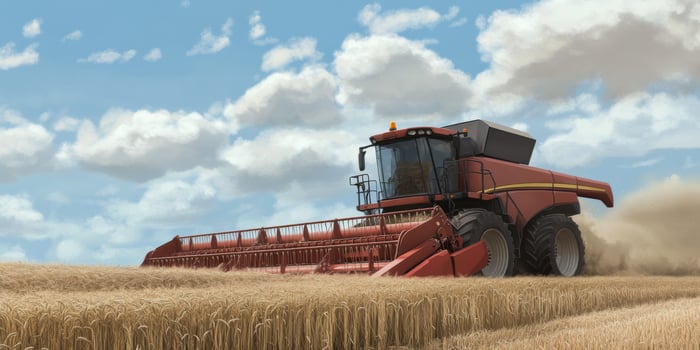 Detailed Harvesting Scene with a Red Combine Harvester Working in a Golden Wheat Field Under a Bright Blue Sky with Fluffy White Clouds photo