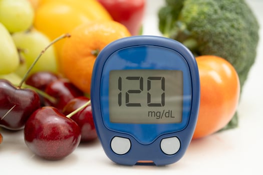 Glucose meter with vegetable and fruit for check sample blood sugar level to treatment diabetes. photo