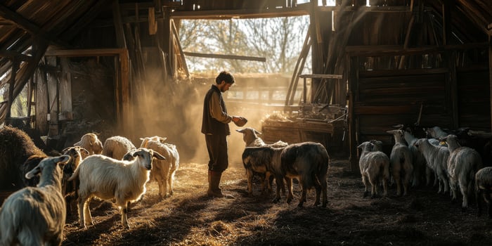 Farmer Feeding Sheep in Rustic Barn with Sunlight Beaming Through Open Doors Creating a Warm and Inviting Atmosphere photo