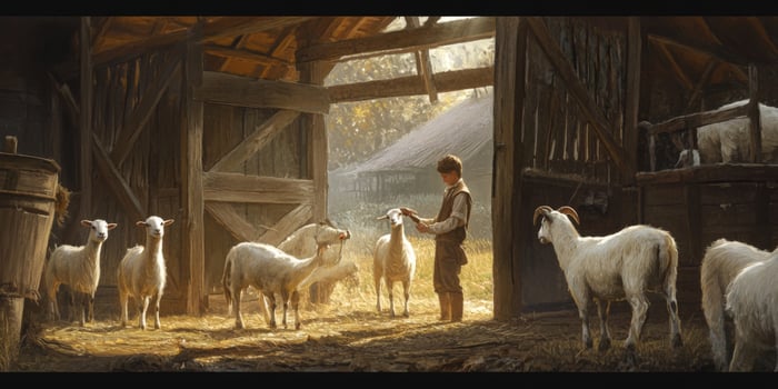 Young shepherd boy interacts with goats inside a rustic barn, sunlight filters through, creating a serene and warm rural atmosphere in nature. photo