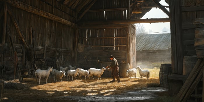 Rustic Farm Scene with Shepherd Interacting with Sheep in a Sunlit Barn Surrounded by Traditional Farm Equipment and Bales of Hay photo