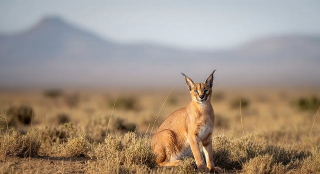 Graceful caracal in african savannah habitat with mountains in background for wildlife conservation awareness photo