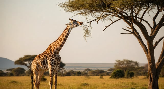 Majestic giraffe grazing on acacia tree in the african savanna landscape photo