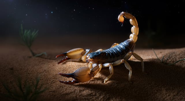 Majestic scorpion in a desert habitat under starry night sky photo