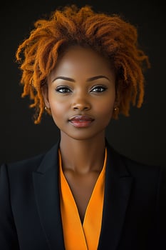 A vibrant portrait of a young female leader, standing proudly with arms akimbo in an office setting. photo