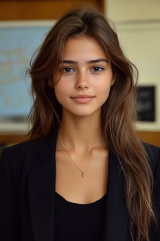A confident young businesswoman with long hair, wearing a stylish blazer, looking directly at the camera with a warm smile. photo
