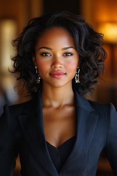 A dynamic portrait of a confident businesswoman with bright lipstick and sharp features, making direct eye contact with the viewer. photo