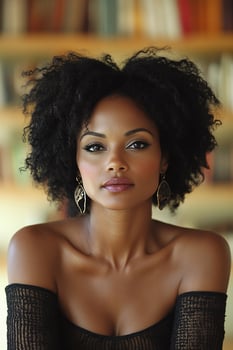 A headshot of a confident young woman in a chic outfit, looking directly at the camera with an empowering expression. photo