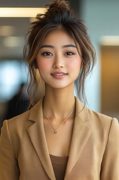 A close-up portrait of a confident young woman in business attire, smiling softly while looking straight at the camera. photo