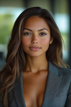 A poised young businesswoman standing in front of a large window, making eye contact with the camera and radiating confidence. photo