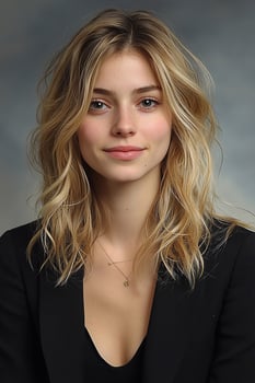 A professional portrait of a young woman in business attire, exuding confidence while making direct eye contact with the lens. photo