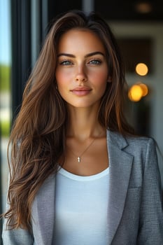 A confident young female leader in a stylish blazer, standing tall and looking directly into the camera with determination. photo