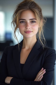 A striking image of a beautiful businesswoman smiling confidently while looking straight at the camera against an office backdrop. photo