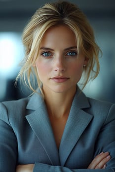 A beautiful young female executive standing confidently in a modern office, gazing straight at the camera with determination. photo